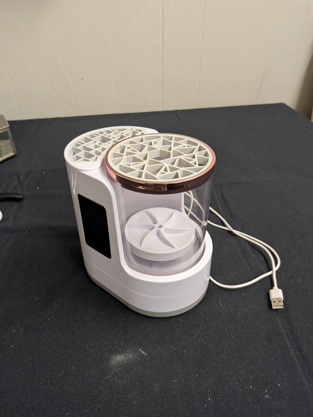 White USB Electric Makeup Brush Cleaner with Rose Gold Accents